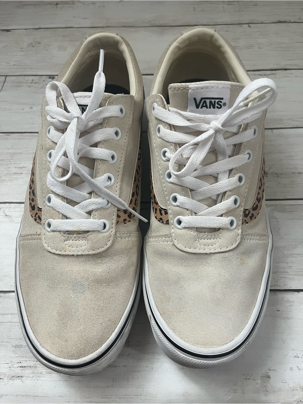 Vans Women's Cream Sneakers with Leopard Side Stripe